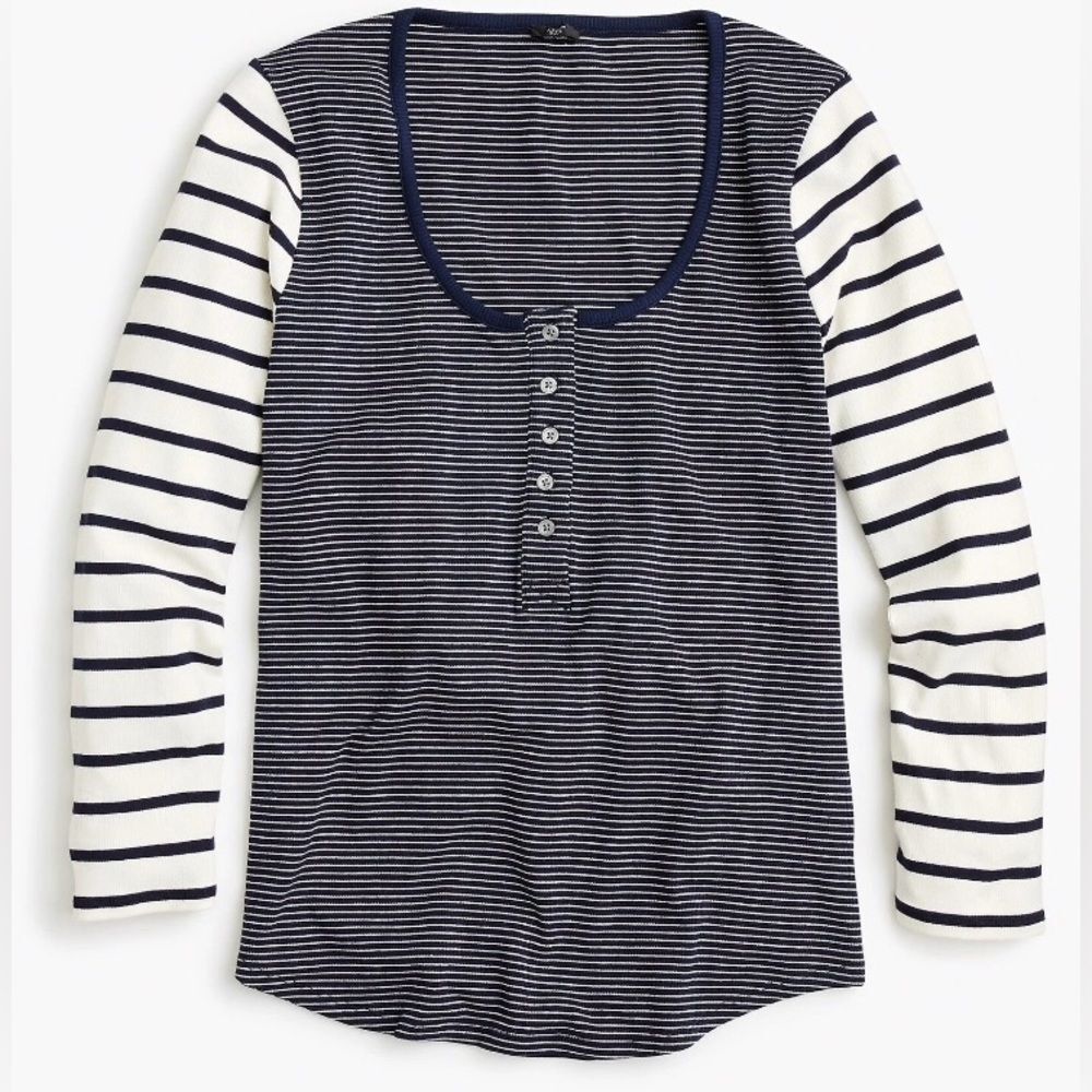 J. Crew Navy and White Striped Scoop Neck Ribbed Long Sleeve Henley
